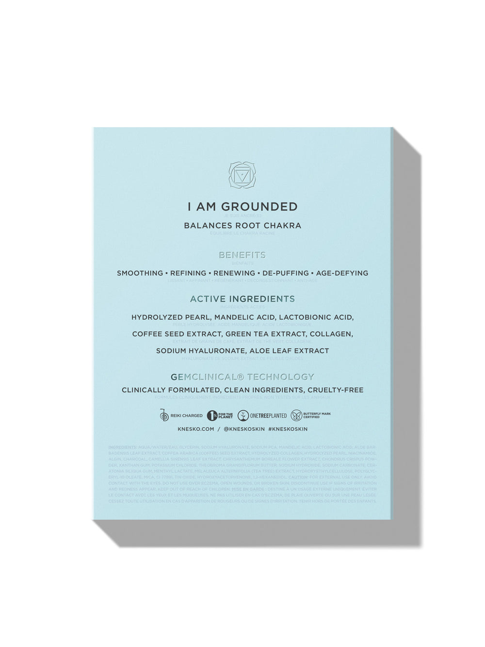 Skincare sheet mask packaging with blue background and white text on a white background