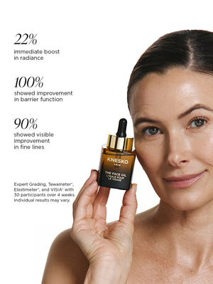 Woman holding the face oil bottle with text about it's benefits