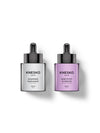 Two Knesko Skin serum dropper bottles on a white background, one with a silver-gray bottle and black dropper, labeled Diamond Radiance, and the other with a lavender-purple bottle and black dropper, labeled Amethyst Hydrate.