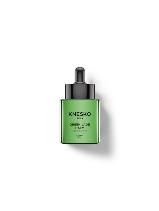 Knesko Skin Green Jade Calm Serum in a square green bottle with a black dropper cap, centered on a white background with a soft shadow.