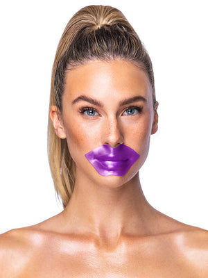 Woman with purple lip mask on a white background
