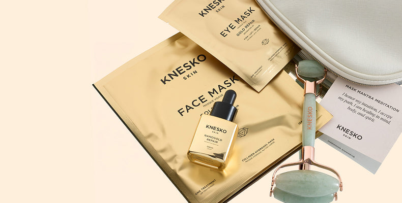 Knesko skincare products including face mask, serum, and roller on a beige background