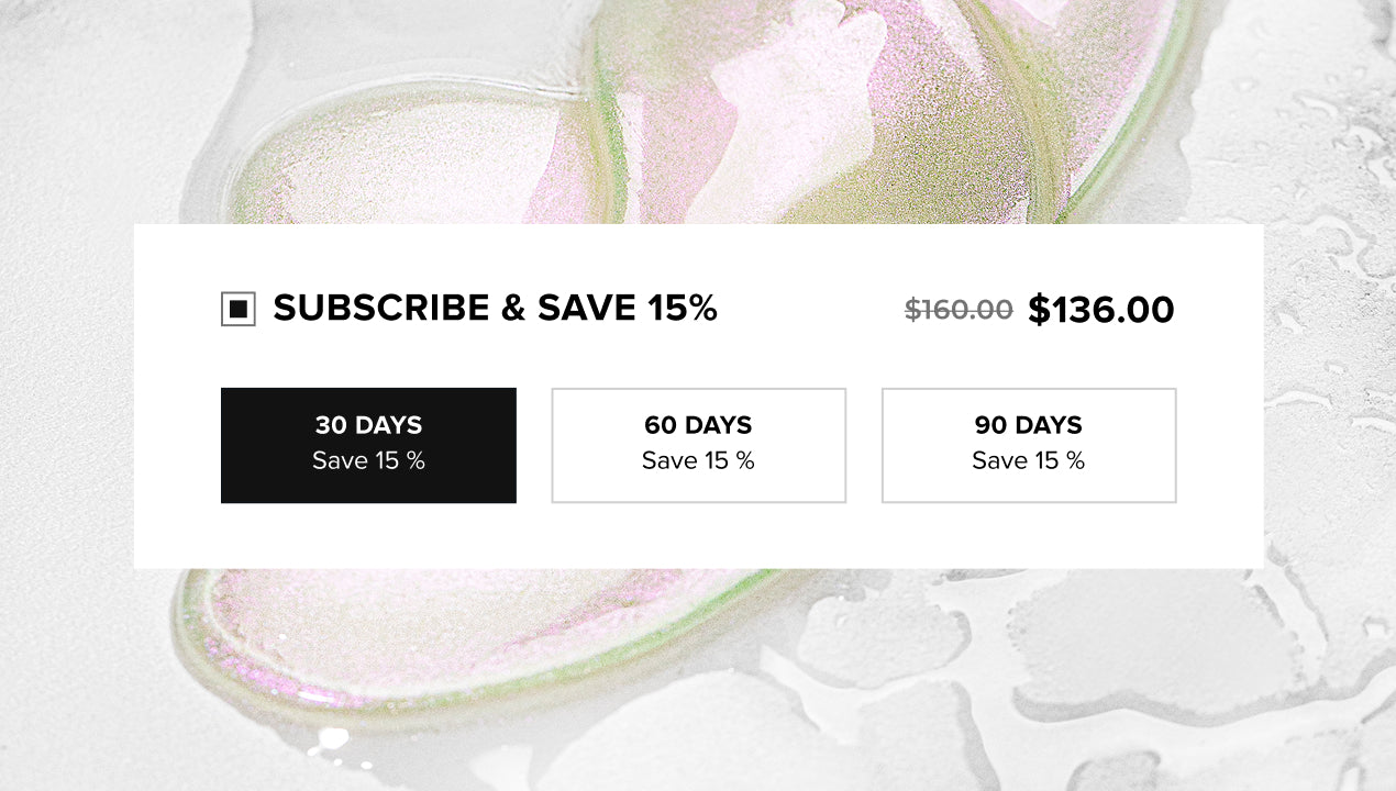 Product with subscription options and price display on a light background