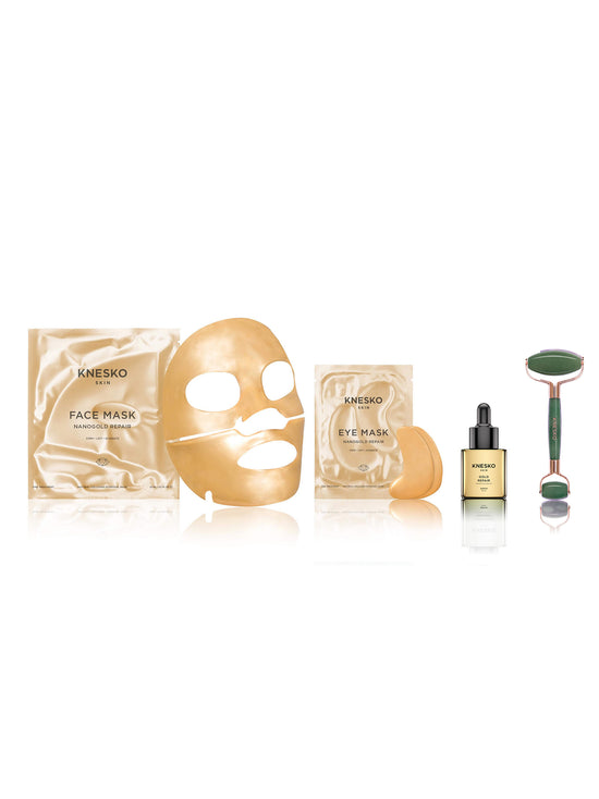 Knesko skincare products including face mask, eye mask, serum, and roller on a white background