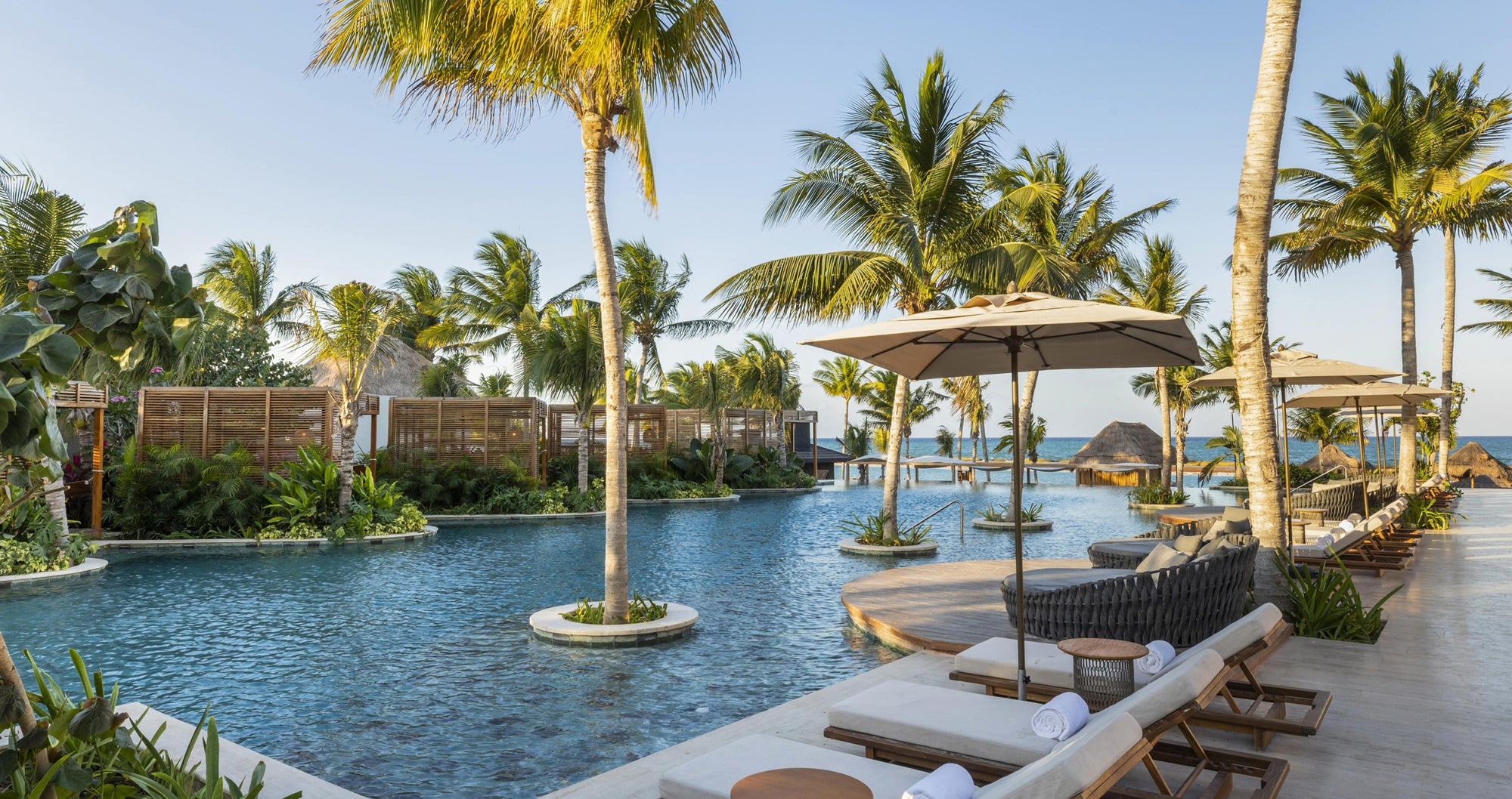 Pool area with lounge chairs, umbrellas, and palm trees in a tropical setting.