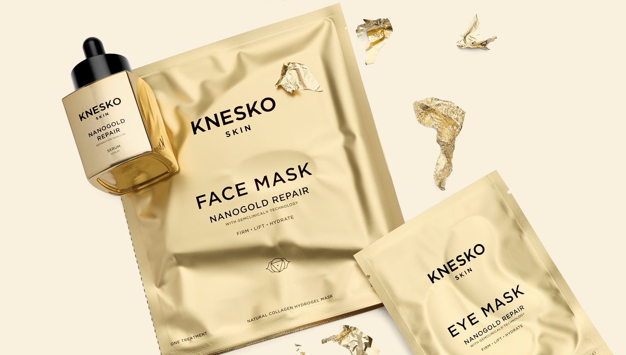 Knesko skincare products including face mask and eye mask on a beige background