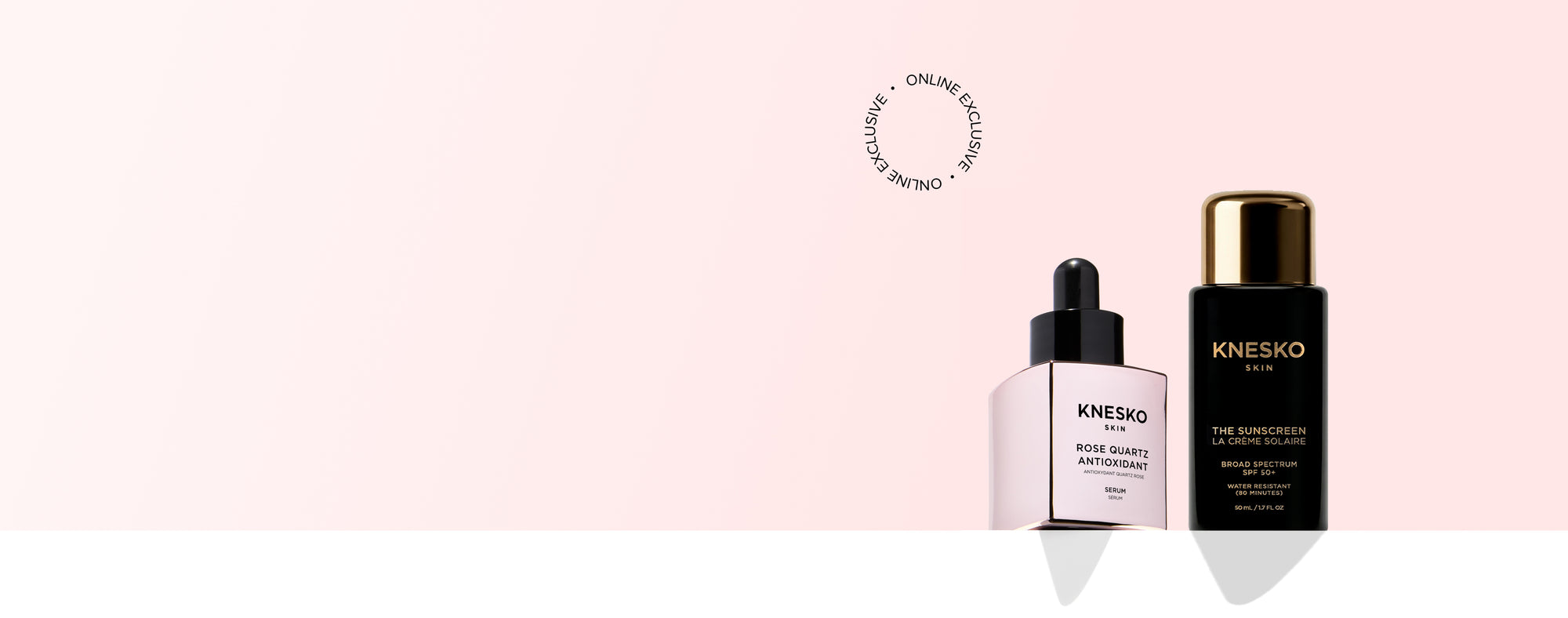 Two Knesko skincare products on a light pink background with ONLINE EXCLUSIVE badge.