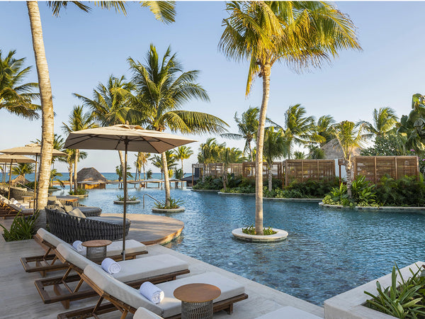 Tropical resort pool area with lounge chairs, umbrellas, and palm trees.