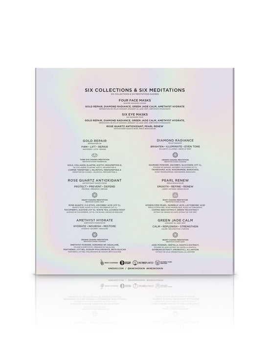 Product packaging with a list of six collections and six meditations on a white background