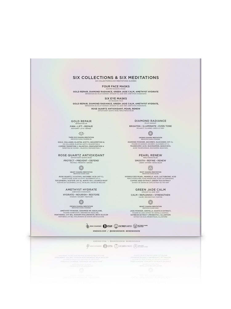 Product packaging with a list of six collections and six meditations on a white background